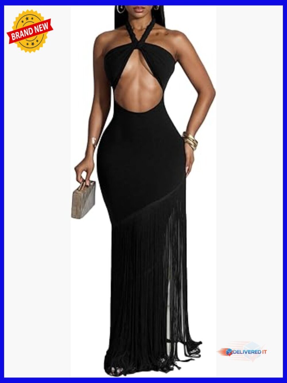 Sexy Halter Backless Maxi Dress Cut Out Sleeveless Bodycon Fringe Party
